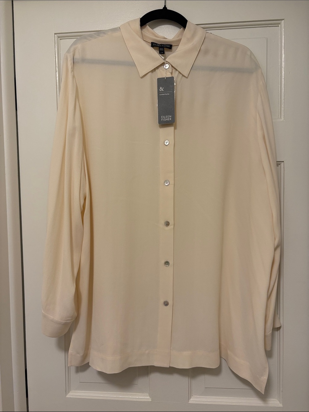 Eileen Fisher Cream Long-Sleeve 100% Silk Button-Front Blouse